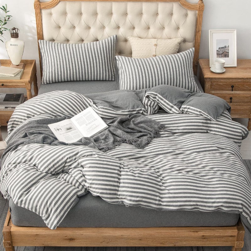 PURE ERA Jersey Knit Duvet Cover Set 100% T-Shirt Heather Cotton Super Soft Comfy Classic Striped Design, with Zipper Closure, Grey Stripe, Queen - Image 3